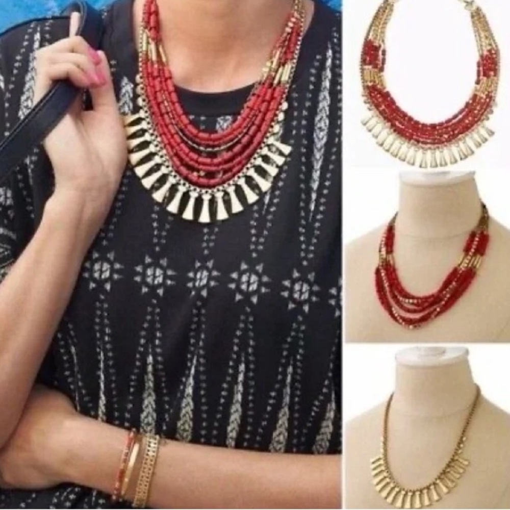 Stella & Dot Bliss Statement Necklace Coral Gold, Red 3 in 1